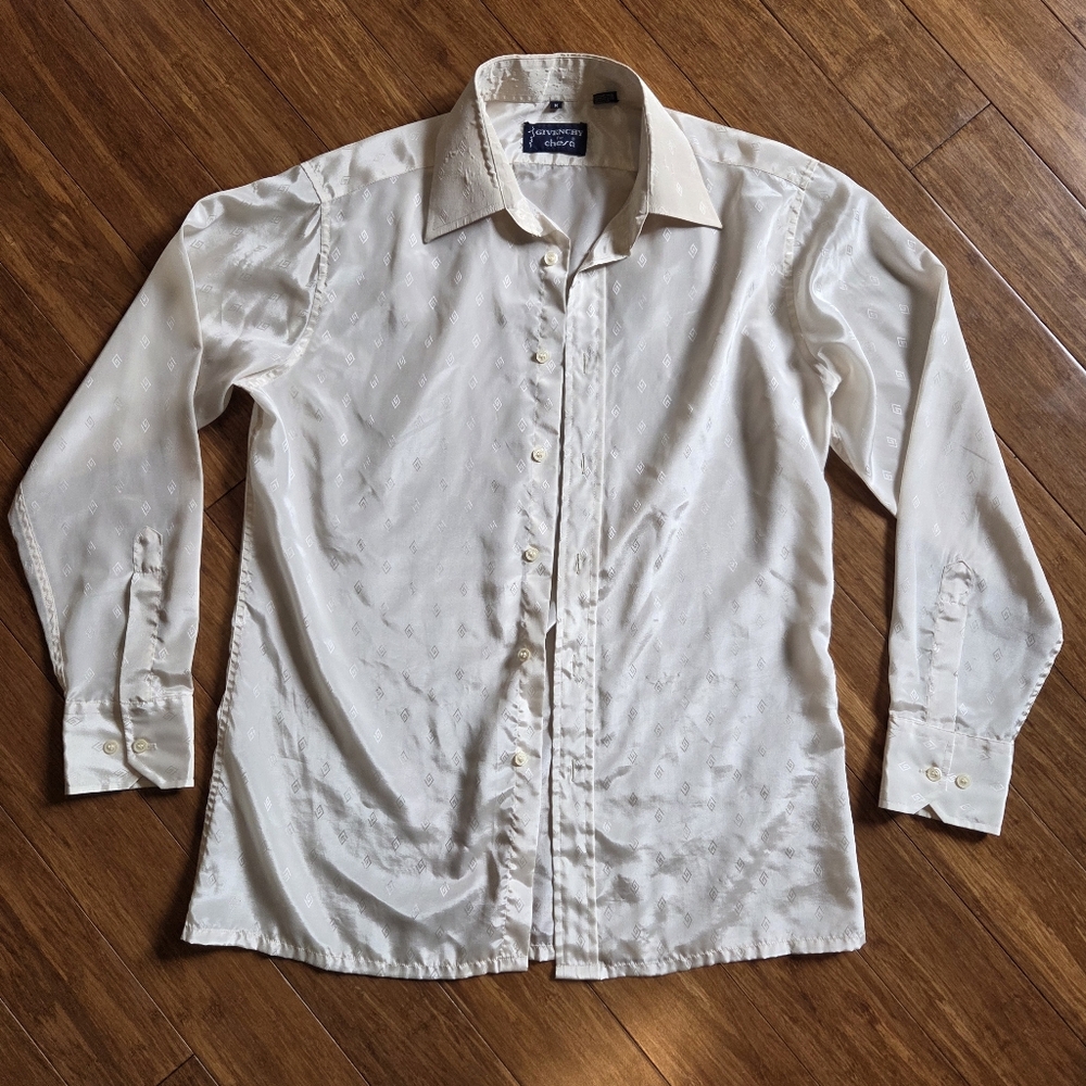 Vintage Givenchy for Chesa Monogram Logo Button Down Shirt Cream 80s 90s Logo M